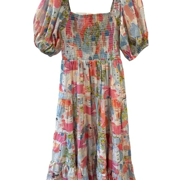 Pinch Pink and Green Smocked Puff Sleeve Tiered Sundress Size M, Pre-Owned EUC - Picture 5 of 7